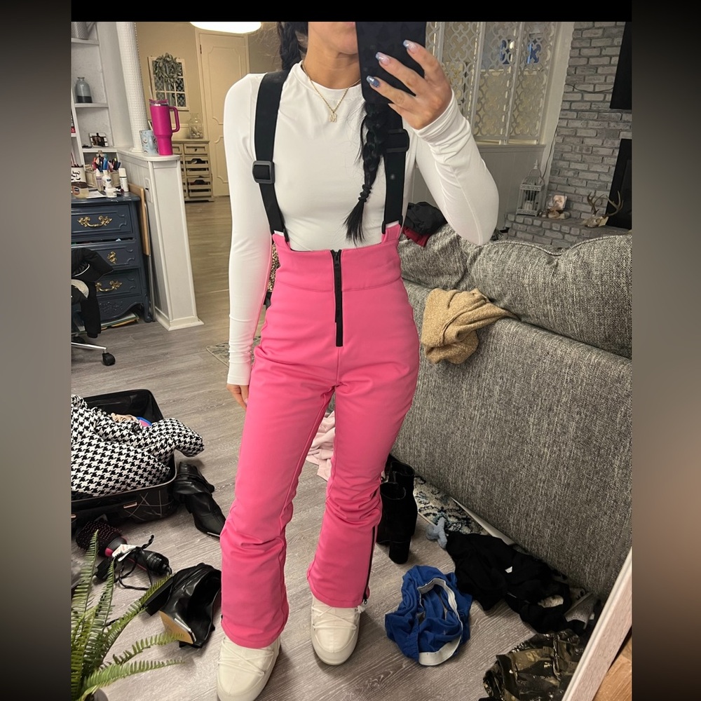 ASOS pink ski pants with suspenders